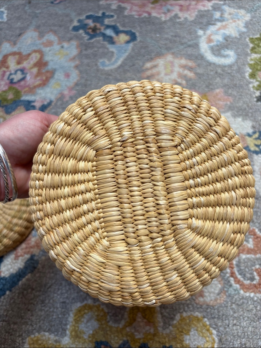 Woven Round Lidded Basket in Natural and Green - Picture 6 of 6